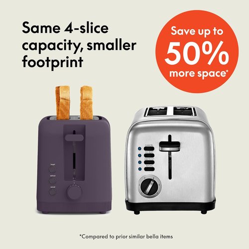 Bella 4 Slice Slim Toaster - 6 Setting Shade Control with Reheat & Cancel | 10” Long Slot, Plum Color