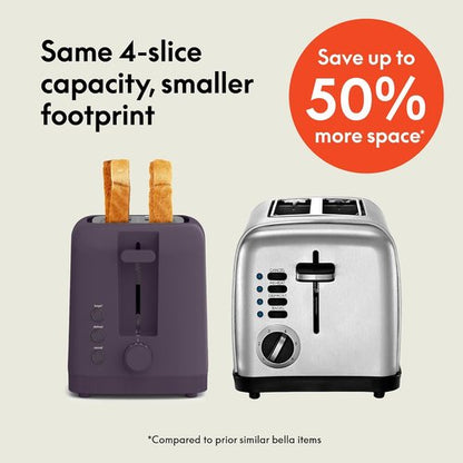 Bella 4 Slice Slim Toaster - 6 Setting Shade Control with Reheat & Cancel | 10” Long Slot, Plum Color