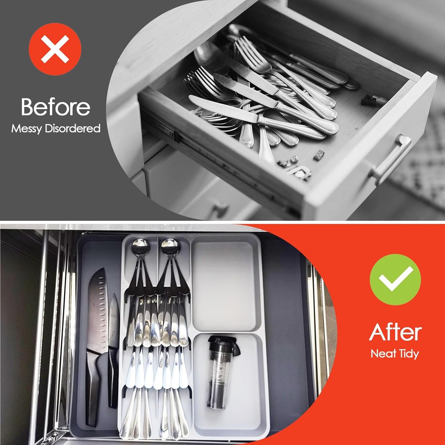 Skiennix Expandable Silverware Organizer - Adjustable Cutlery Drawer Tray for Home & Kitchen | Large Grey