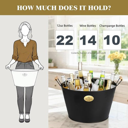 iHoo Large 5.5 Gallons Beverage Tubs for Parties, 21L Ice Bucket with Wooden Handles, Black Galvanized Tub, Ideal Party Tubs for Drinks