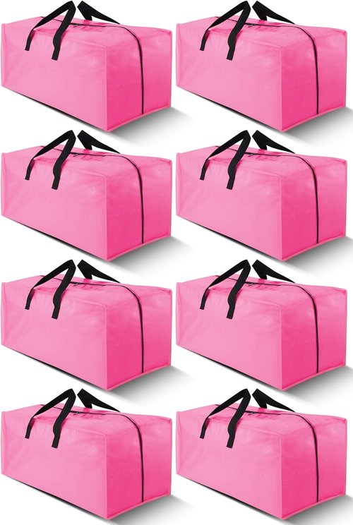 Cosy Family Extra Large Moving Bags - 8 Pack with Strong Handles, Zippers & Backpack Straps | Space-Saving Storage Totes in Pink