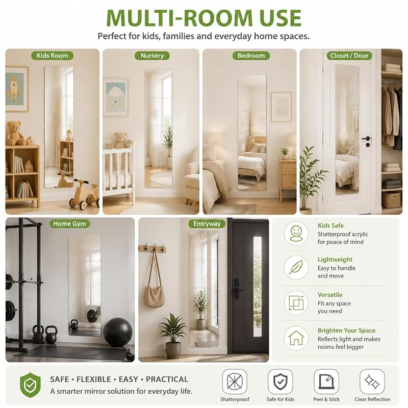 Shatterproof Acrylic Mirror Tiles, 12x12 inch, 4 Pack for Kids Rooms