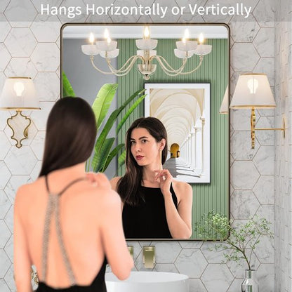 LOAAO Bronze Bathroom Mirror - 28”x36” Rounded Rectangle Design with Anti-Rust Brushed Metal Frame | Versatile Horizontal/Vertical Hanging