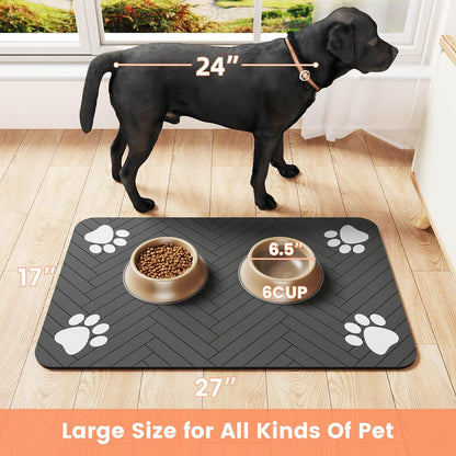 Skiennix Pet Feeding Mat - Absorbent Waterproof Placemat for Dogs & Cats | Quick Dry, 20"x12", Striped Dark Gray