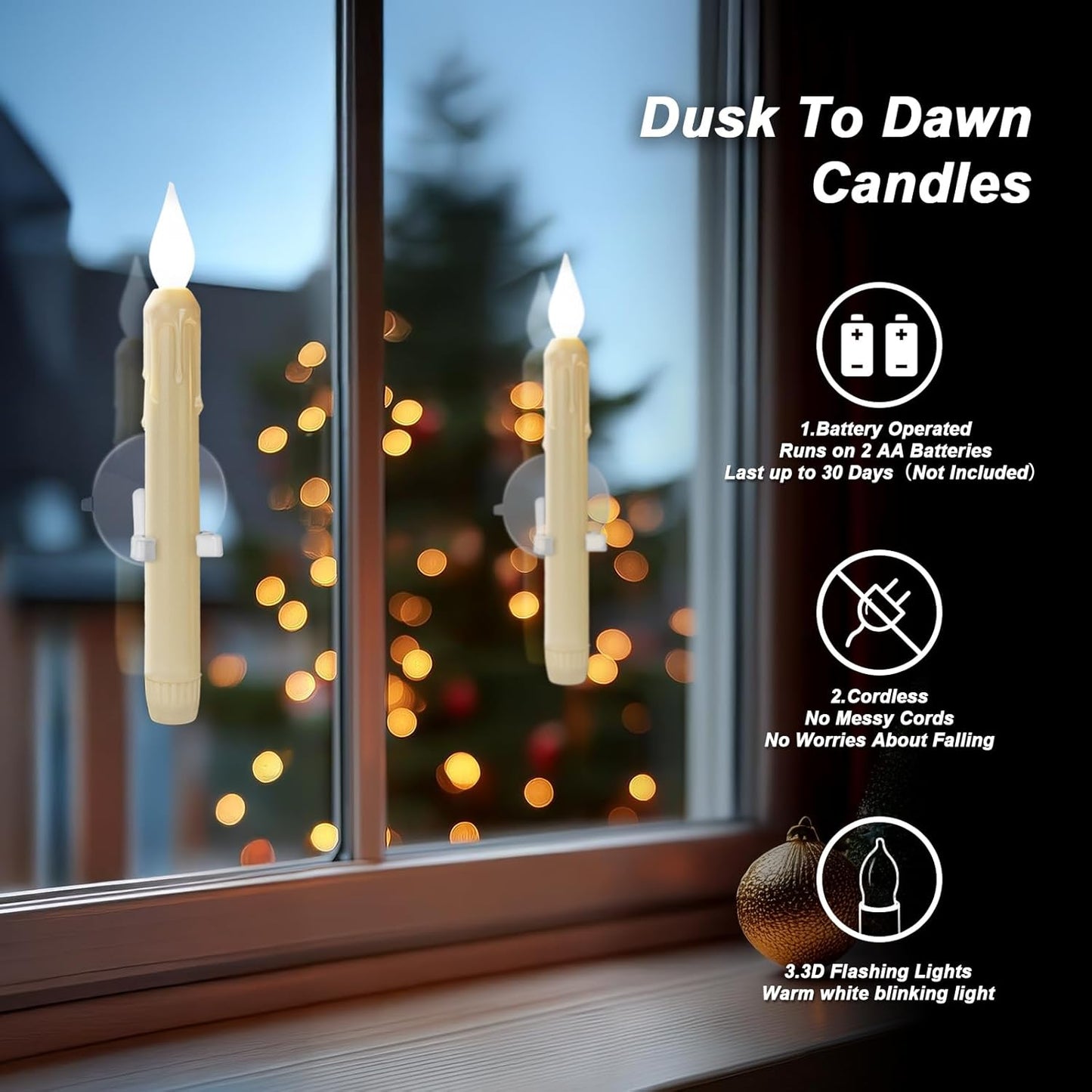 Skiennix 6 Pcs Sensor Window Candles - Flickering LED Lights with Suction Cups for Xmas Decor | White