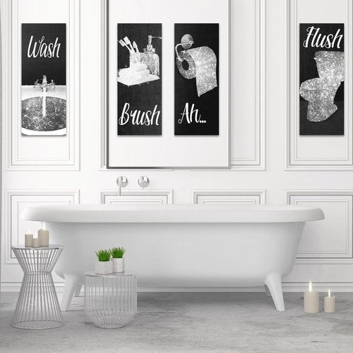 Chinco Funny Bathroom Wall Art | 4-Piece Modern Decor Set | Glam Wood Hanging Decorations (Black & White)