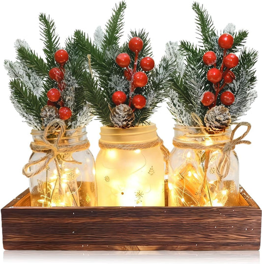 Skiennix Christmas Mason Jars Set - Decorative Tiered Tray with Wood Tray & Artificial Flowers for Holiday Home Decor