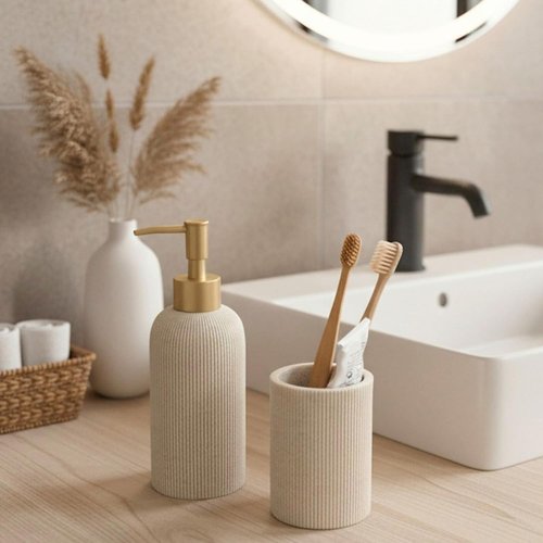 Lunestella Hand Soap Dispenser - Luxury Sand Beige Design with Matte Gold Pump | 7oz Rust-Proof Multiuse