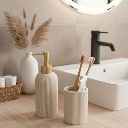 Lunestella Hand Soap Dispenser - Luxury Sand Beige Design with Matte Gold Pump | 7oz Rust-Proof Multiuse