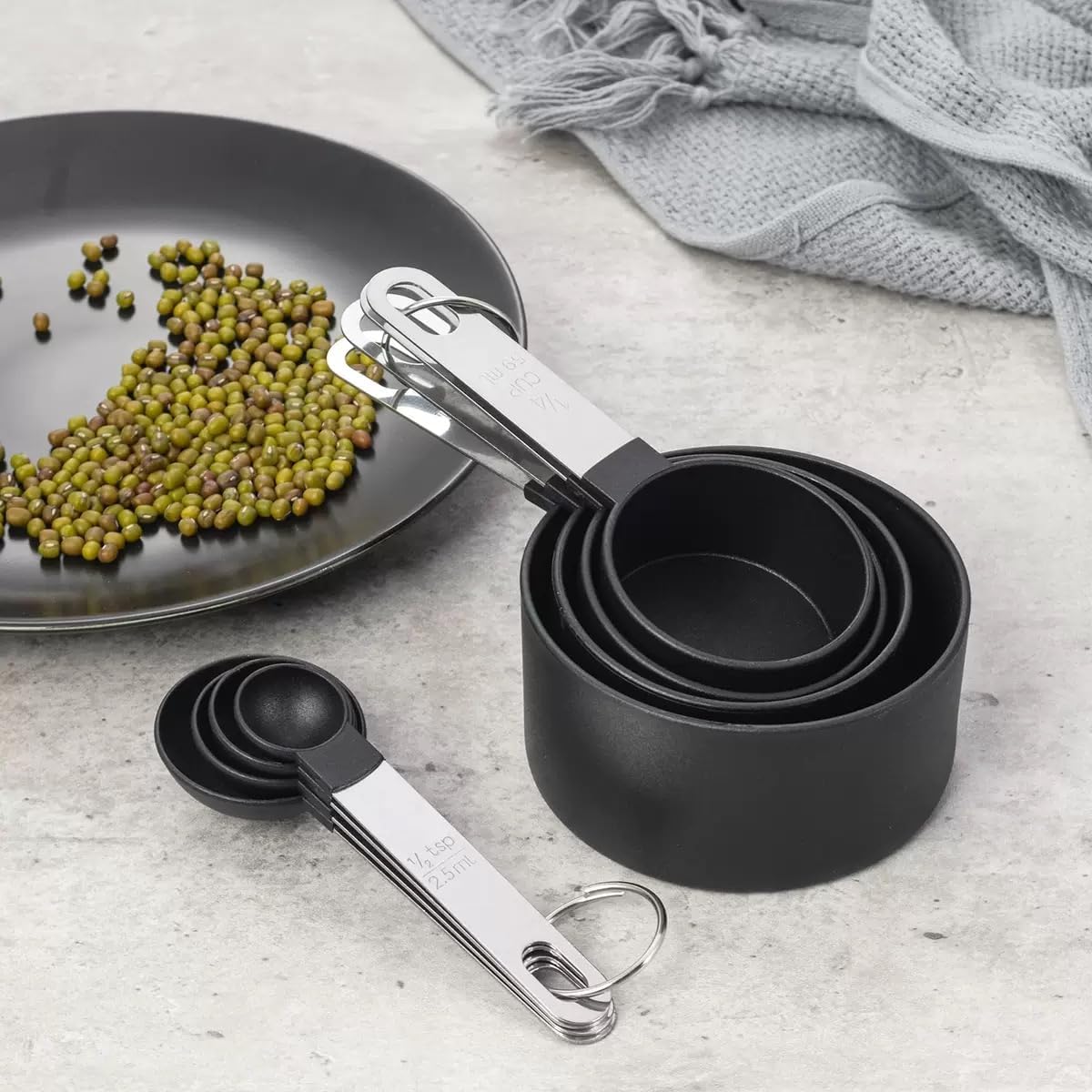 Skiennix 8-Piece Measuring Cups and Spoons Set - Stackable Black Design for Dry & Liquid Ingredients