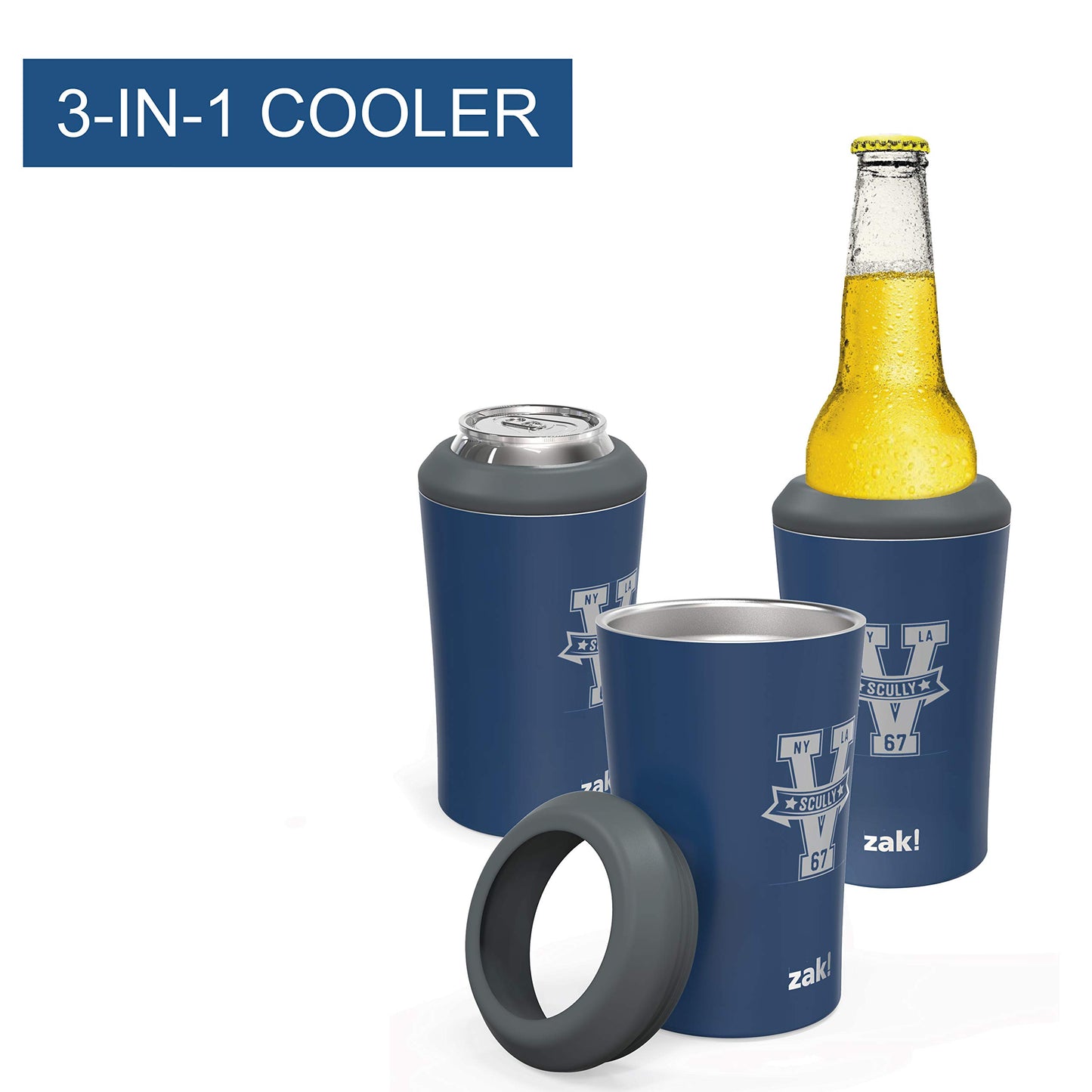 Zak Designs Bottle, 12 oz 18/8 SS Vacuum Insulated Stainless Steel, 4-in-1 Use and for Cold Drinks, Non BPA, Vin Scully Can cooler