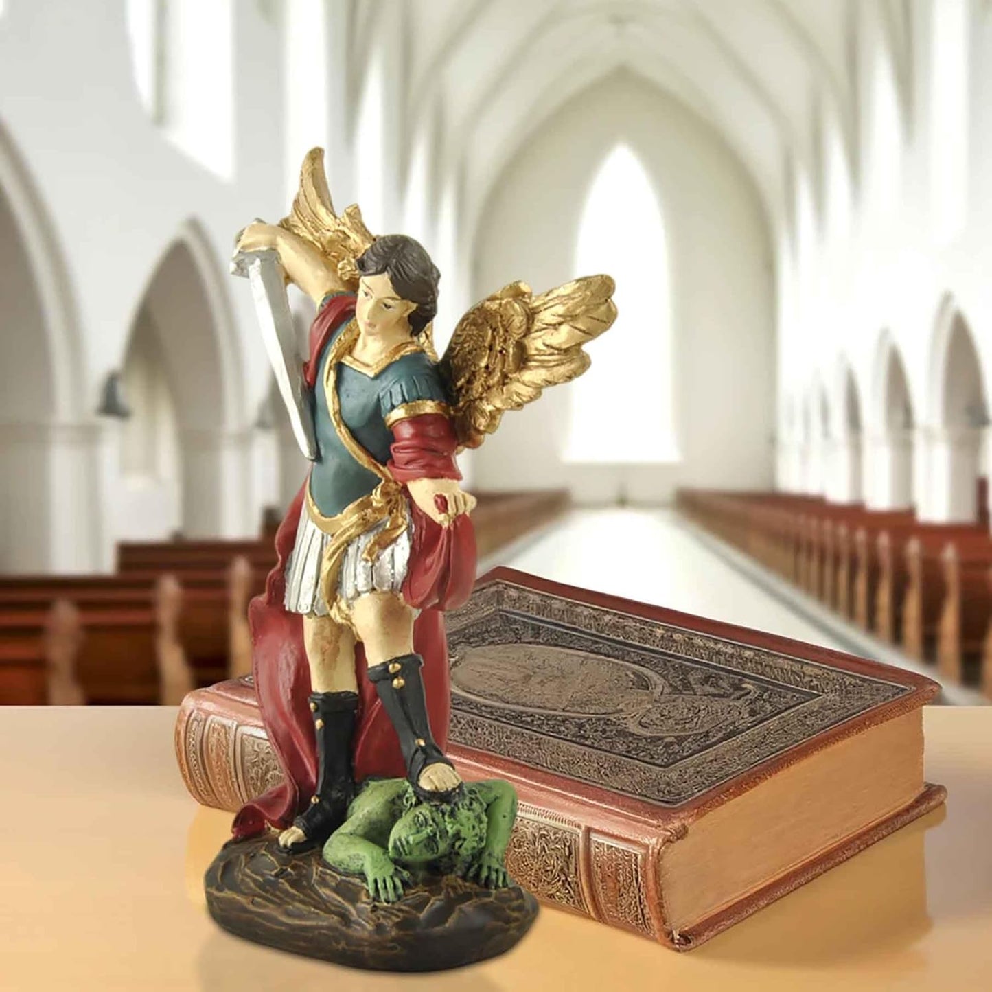 San Miguel Archangel Statue - Saint Michael Defeats Lucifer | 5.31” Religious Collectible Sculpture