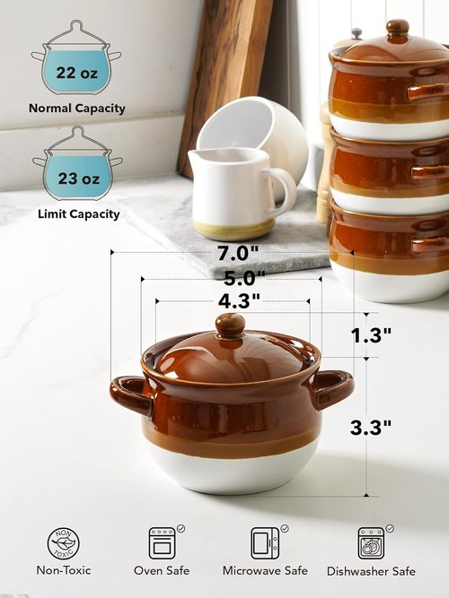 LE TAUCI French Onion Soup Bowls - 22 Oz Oven Safe Ceramic Crocks with Handles | Set of 4 for Soup & Chili