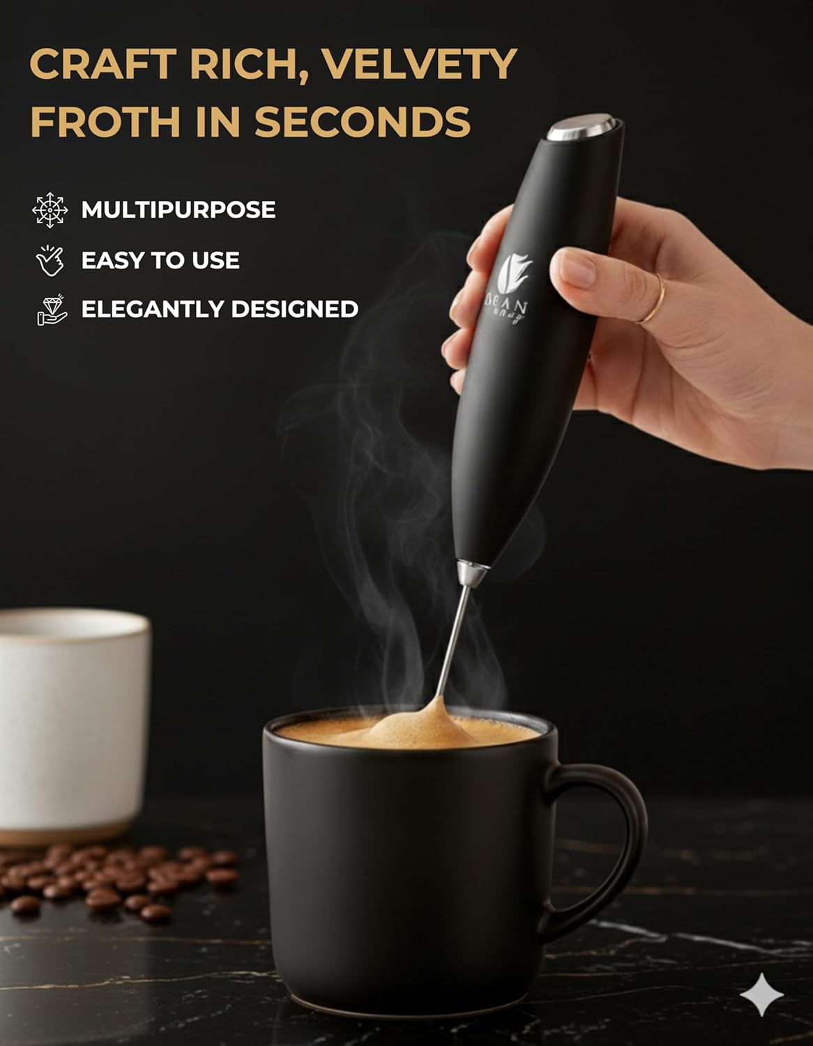 Bean Envy Milk Frother - Handheld Coffee Stirrers for Lattes, Cappuccino & Matcha - Black