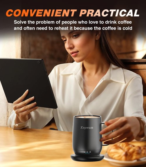 Kepwam Self Heating Coffee Mug, 16oz Smart Heated Coffee Mug, 150 Min Battery Life - Hot up to 149℉ Temperature Control Coffee Mug Warmer, Gifts for Women and Men