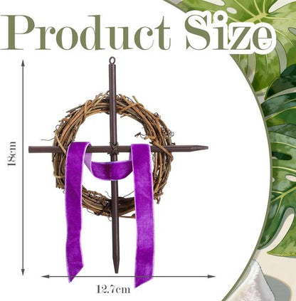Dingion Mini Crown of Thorns Nail Cross Wreath Decor - 7in Purple Velvet Ribbon for Easter & Lent