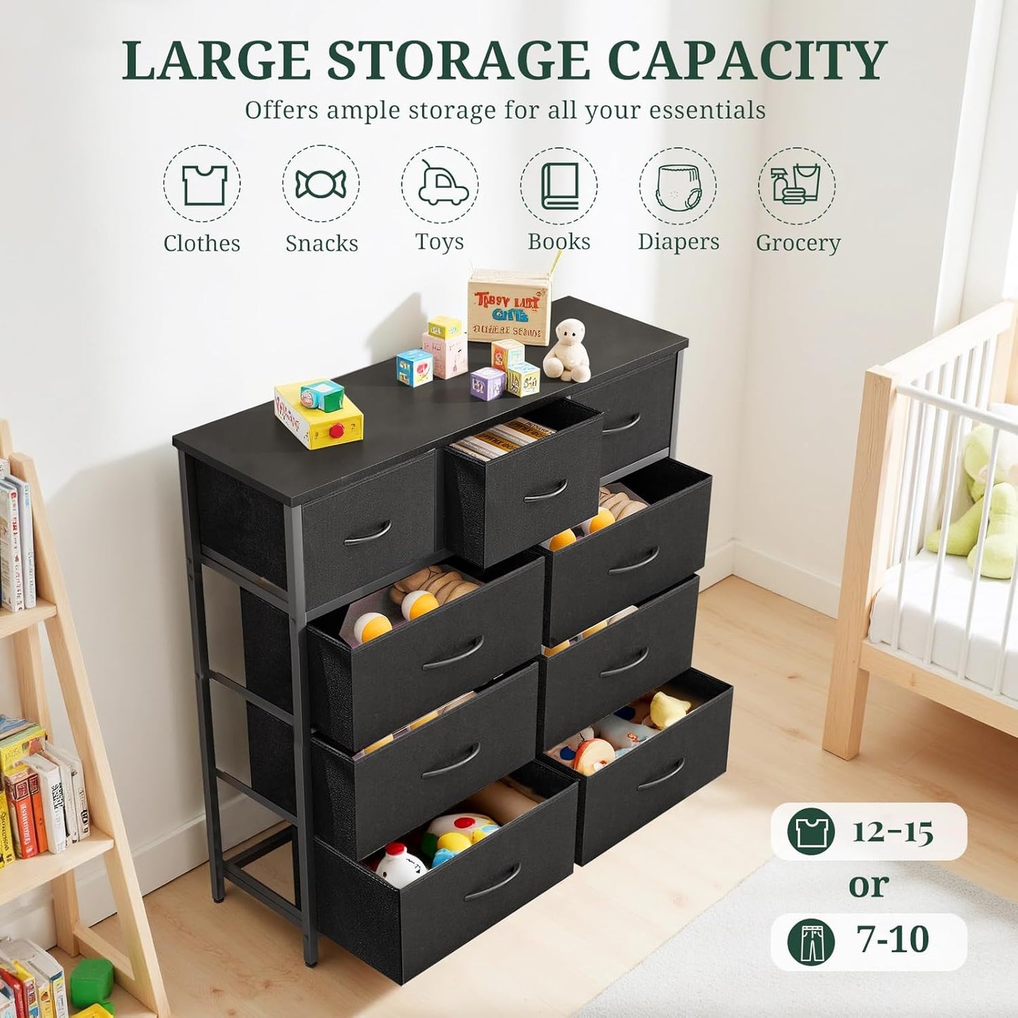 Skiennix 9-Drawer Dresser - Anti-Tip Tall Storage Organizer with Wooden Top & Metal Frame | Black