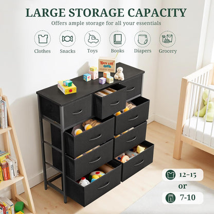 Skiennix 9-Drawer Dresser - Anti-Tip Tall Storage Organizer with Wooden Top & Metal Frame | Black