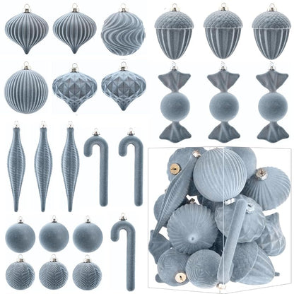Grey Velvet Ornament Set - 24 Shatterproof Flocked Christmas Balls for Tree Décor - Dusty Blue/Gray (Variation: Grey)