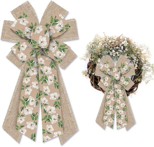 Hying Large Spring Bow - Burlap White Magnolia Flower Bow for Front Door | Perfect for Indoor & Outdoor Decor
