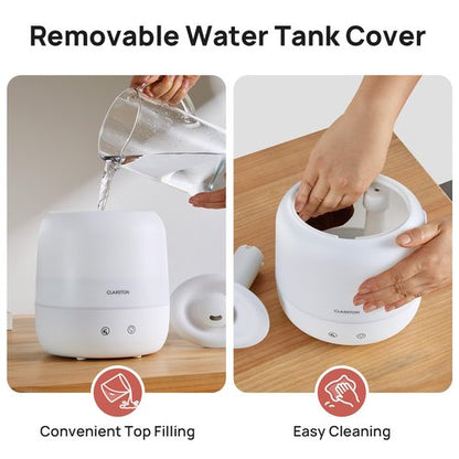 Clarston 2L Cool Mist Humidifier for Bedroom with 360° Adjustable Nozzle, High and Low Mist Levels, Ultra-Low Noise, Light-Off, No BPA, Auto Shut Off, Ideal Baby Humidifier with Easy Top Filling