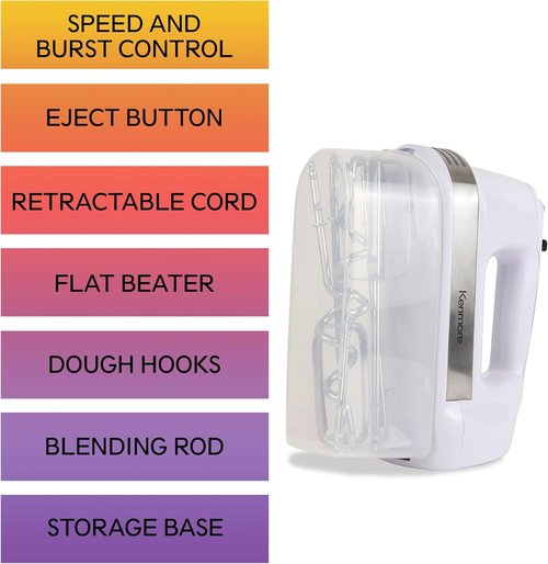 Kenmore Electric Hand Mixer - 5-Speed Handheld Blender with Whisk, Dough Hooks & Turbo Boost