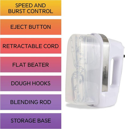 Kenmore Electric Hand Mixer - 5-Speed Handheld Blender with Whisk, Dough Hooks & Turbo Boost