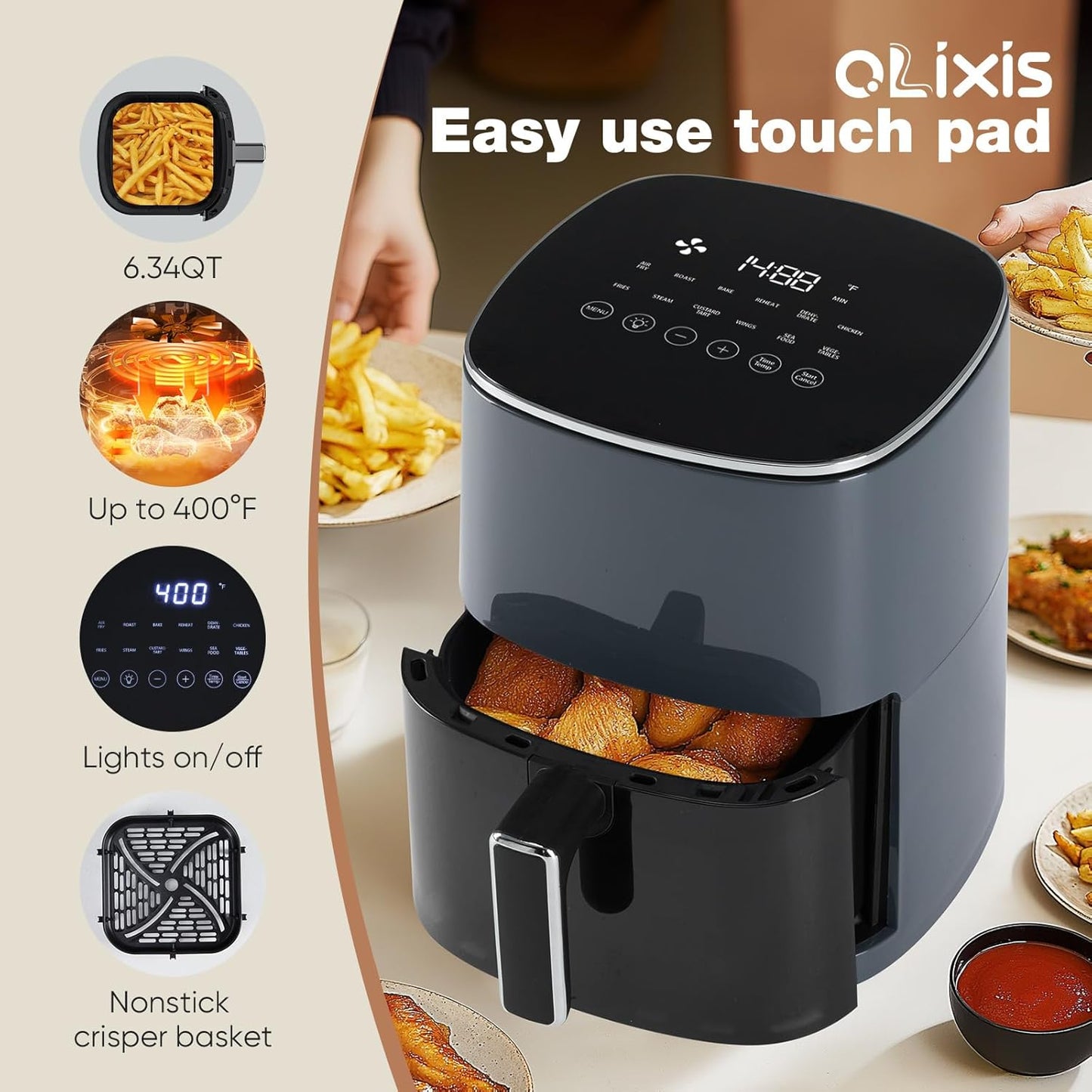 OLIXIS 6 Quart Air Fryer - 12-in-1 Multi-Function Cooking with Window | Grey Finish