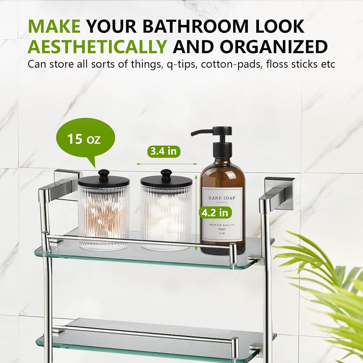Skiennix 3-Pack Qtip Holder - Elegant Bathroom Organizers with Glass Apothecary Jars & Lids
