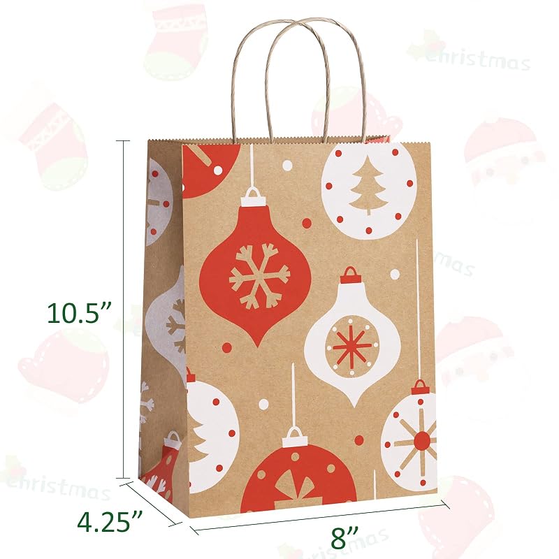 Christmas Gift Bags 24 Pcs Kraft Gift Bags with Handles - 8x4.25x10.5 - 6 Designs (Variation: Christmas Pattern A+1 Count Pack of 24)