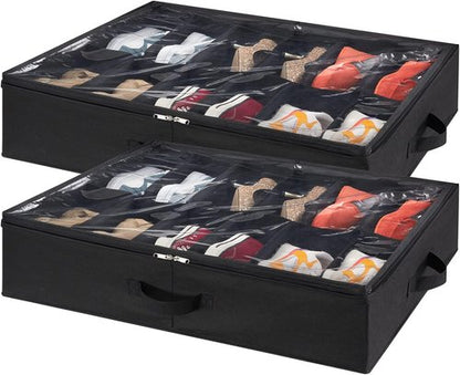 Lifewit Under Bed Shoe Storage | Set of 2 Foldable Fabric Containers for 24 Pairs - Black