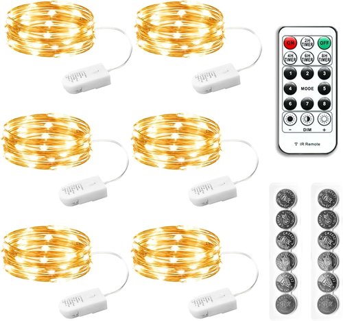 HXWEIYE Fairy Lights - 6 Pack Battery Operated with Remote & Timer | 7ft 20LED Warm White Starry Lights for Indoor/Outdoor Decor