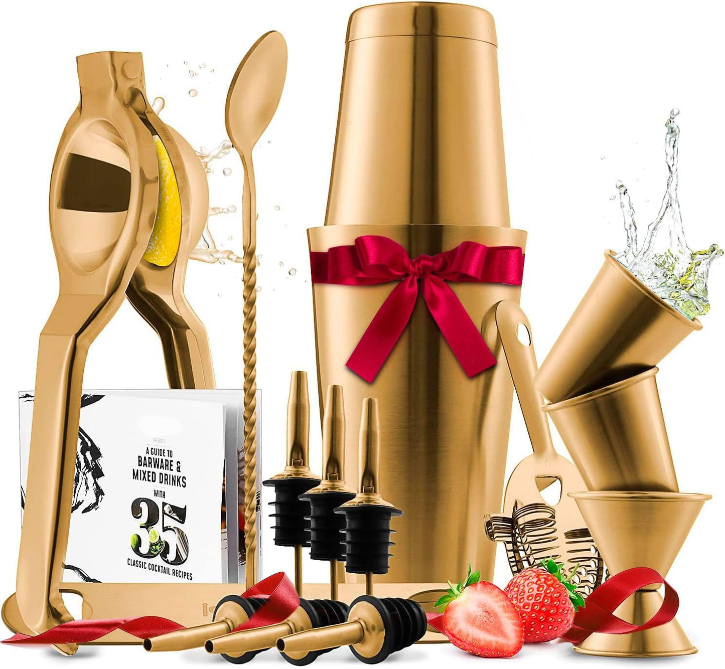 Skiennix Cocktail Shaker Set - 16-Piece Stainless Steel Mixology Kit with Gold Finish | Includes 30oz Shaker, Muddler, Jigger & Recipe Book