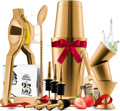 Skiennix Cocktail Shaker Set - 16-Piece Stainless Steel Mixology Kit with Gold Finish | Includes 30oz Shaker, Muddler, Jigger & Recipe Book