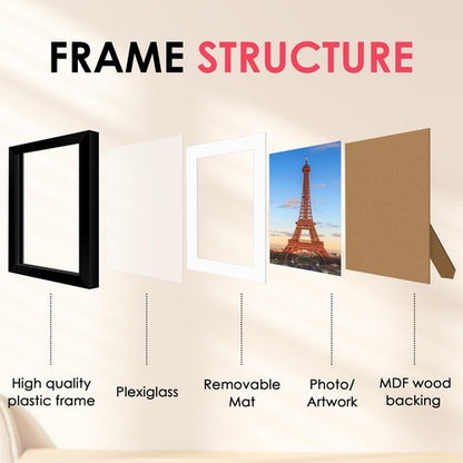 FIXSMITH 8.5x11 Picture Frame, Black Photo Frame with HD Plexiglass, Display Pictures 6x8 with Mat or 8.5x11 Without Mat, Picture Frames Collage for Tabletop or Wall Display, 2 Pack