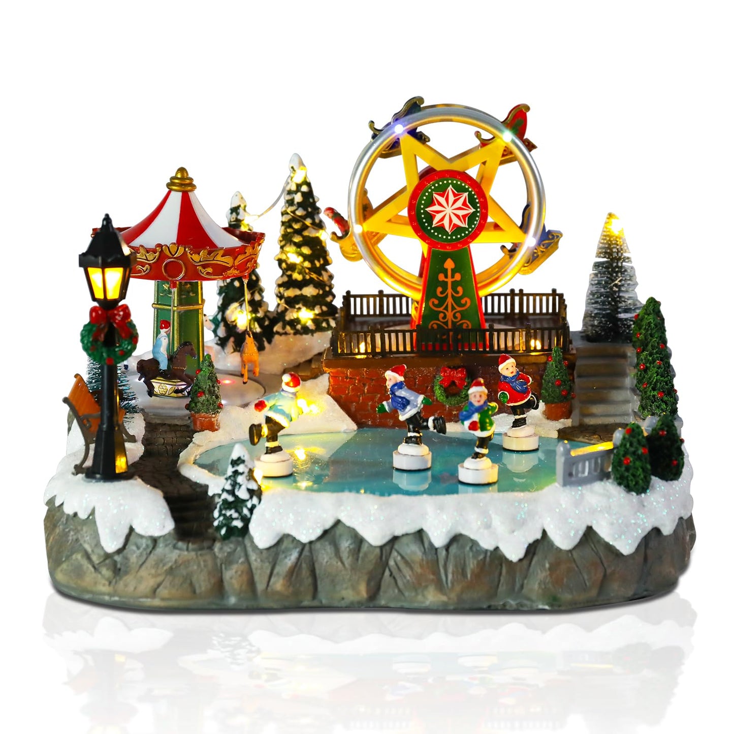 Christmas Village House Musical Christmas Collectible Buildings Amusement Park Carousel Skating Ferris Wheel with LED Lights Christmas Vacation Village with USB Indoor Figurines Decoration