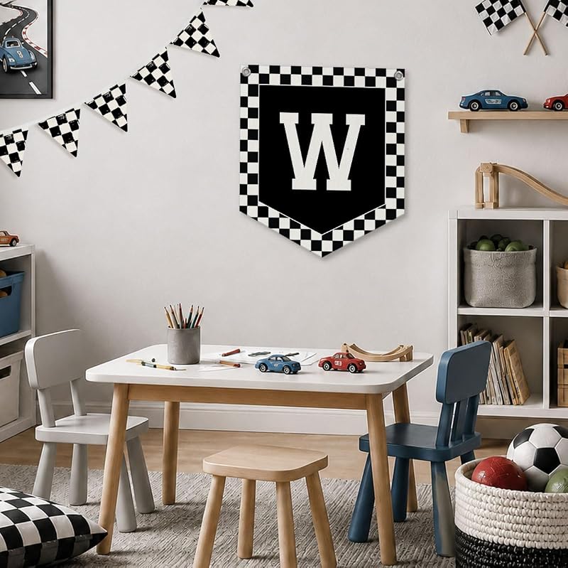 Racing Checkered Initial Pennant Flag - Personalized Name Gift for Boy Bedrooms (Variation room-W)