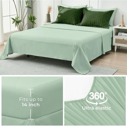 HYMOKEGE Dark Green/Sage Green California King Comforter Set Seersucker 7 Pieces, All Season Luxury Bed in a Bag for Bedroom, Bedding Set with Comforter, Sheets, Pillowcases & Shams