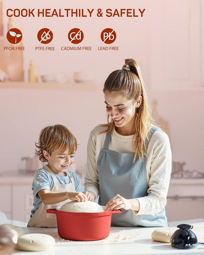 Ciwete Enameled Cast Iron Dutch Oven - 4.4 Quart Heavy-Duty Pot with Lid & Potholders - Ideal for Baking, Braising & Roasting - Oven Safe up to 500°F - Red