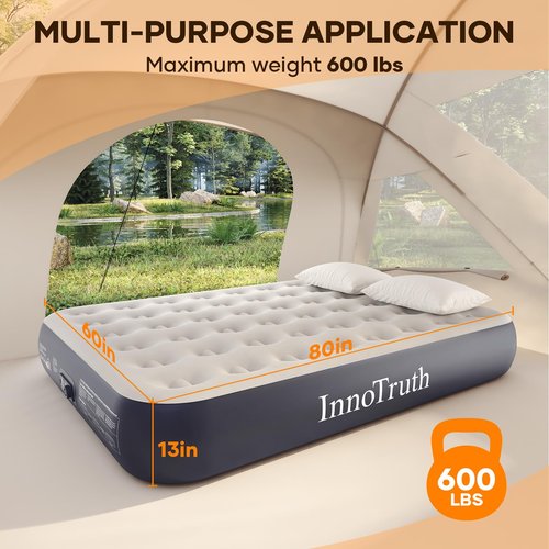 InnoTruth Queen Air Mattress with Built-in Pump, 13" Raised Comfort, Durable Inflatable Bed for Home & Guests, Easy Setup, Ideal for Travel & Camping, Dark Gray
