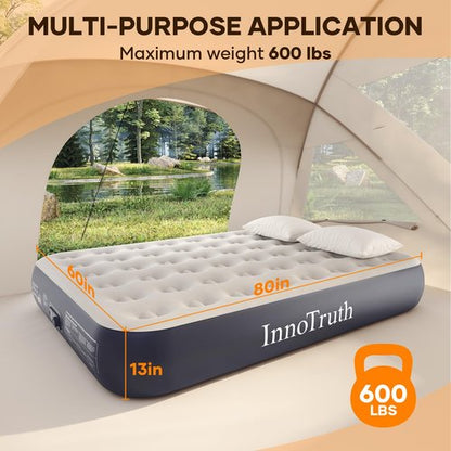 InnoTruth Queen Air Mattress with Built-in Pump, 13" Raised Comfort, Durable Inflatable Bed for Home & Guests, Easy Setup, Ideal for Travel & Camping, Dark Gray