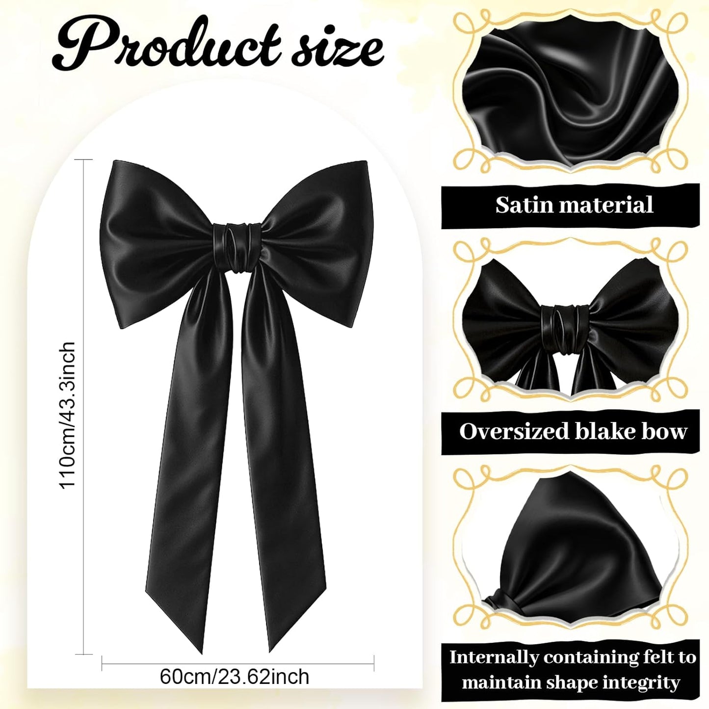 Skiennix Large Black Bow Party Decorations - 43 x 24 Inches Satin Ribbon Wall Decor for Birthdays & Weddings