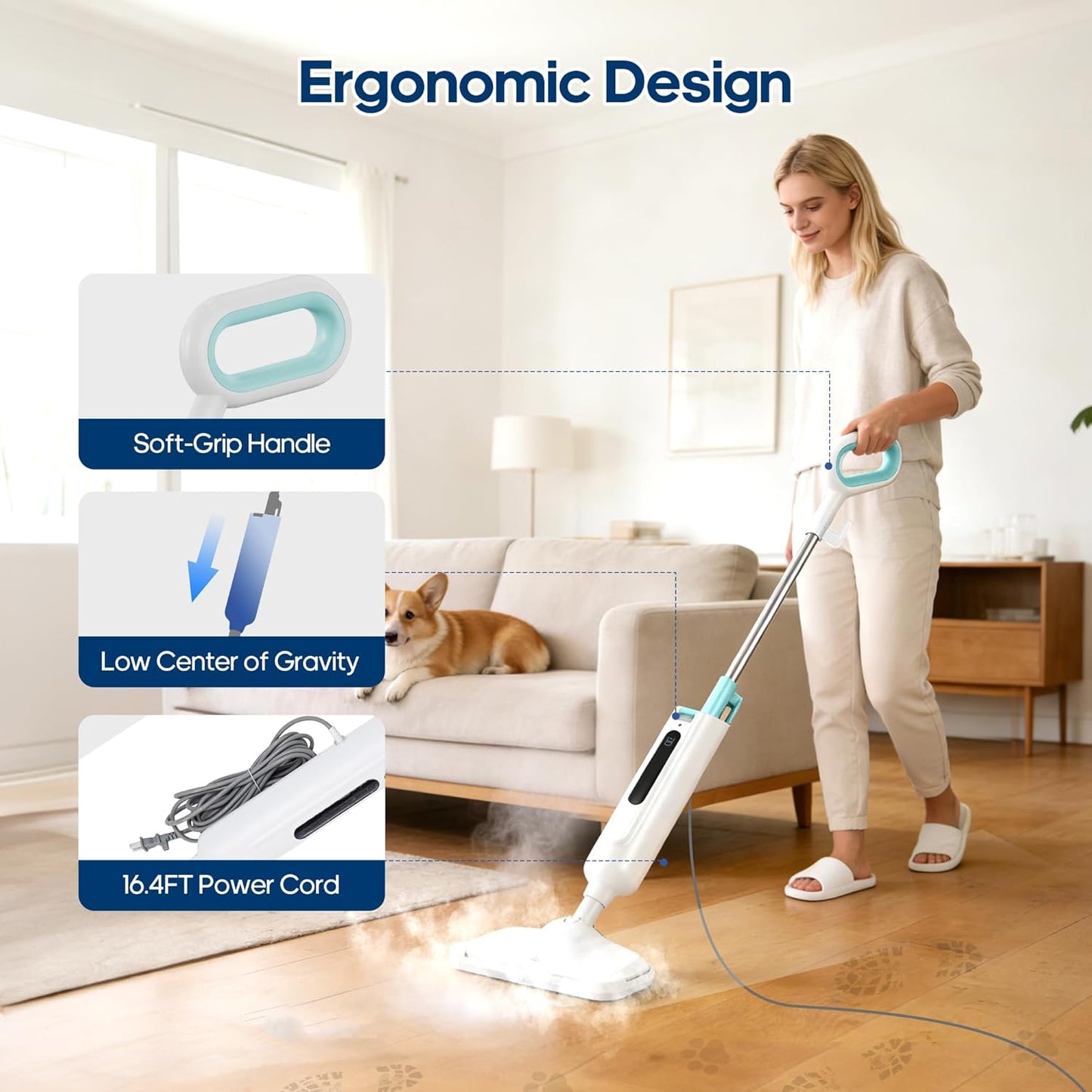 NEWBULIG Steam Mop - Lightweight Floor Cleaner for Hardwood, Tile & Carpet | 16.4 FT Cord & 2 Washable Pads