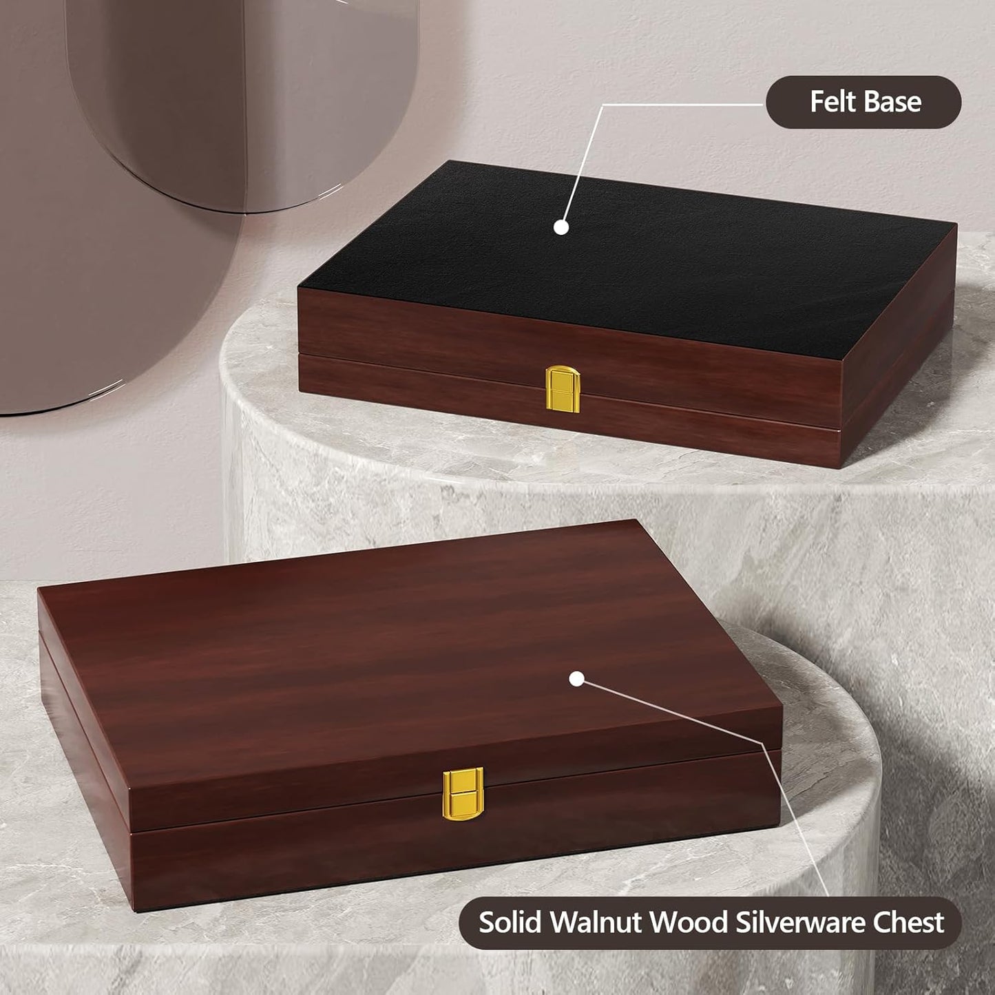 Walnut Wood Silverware Storage Box - Felt Lined Flatware Organizer for 12 Sets of Utensils