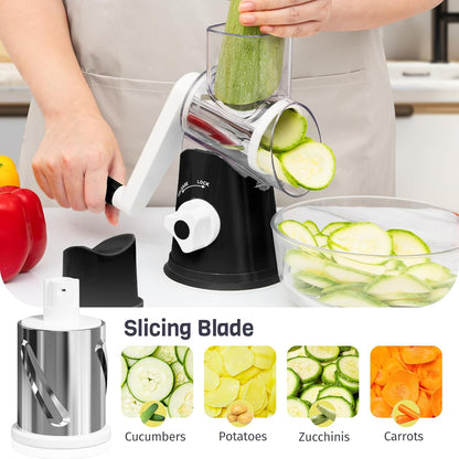 Rotary Cheese Grater - Hand Crank with 3 Interchangeable Blades | Strong Suction Base & No-Cut-Hands Design - Black