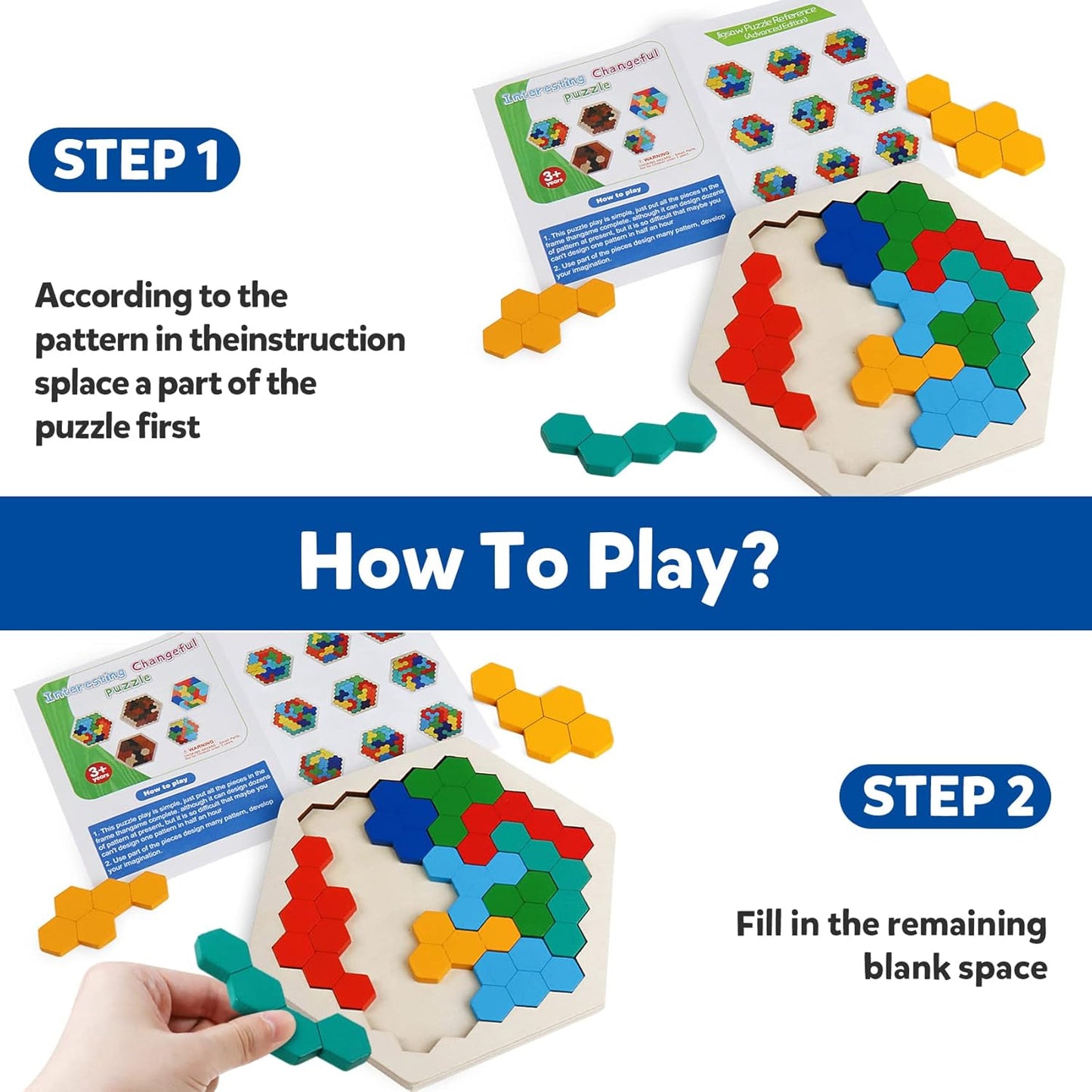 Skrtuan Wooden Blocks Puzzle - Hexagon Brain Teaser for Kids & Adults | STEM Educational Toy