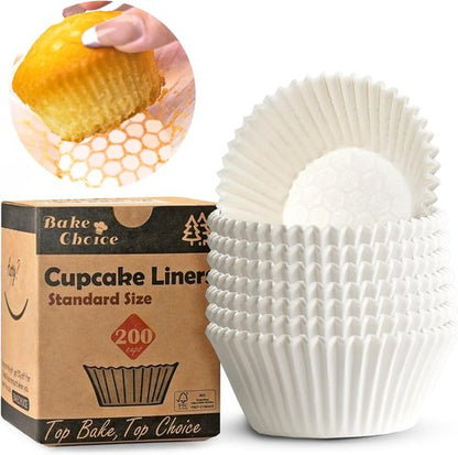 Bake Choice Cupcake Liners - 200pcs Standard White, Greaseproof & Non-Stick Muffin Wrappers for Parties