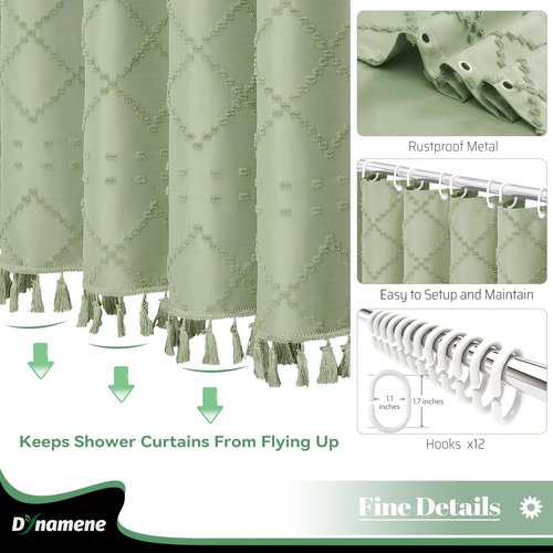 Dynamene sage Green Fabric Shower Curtain, Boho Tufted Geometric Striped Tassel Shower Curtain for Bathroom, Shabby Chic Modern Farmhouse Waterproof Cloth Shower Curtain Set, Wrinkle Free, 72x72