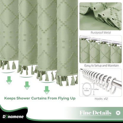 Dynamene sage Green Fabric Shower Curtain, Boho Tufted Geometric Striped Tassel Shower Curtain for Bathroom, Shabby Chic Modern Farmhouse Waterproof Cloth Shower Curtain Set, Wrinkle Free, 72x72