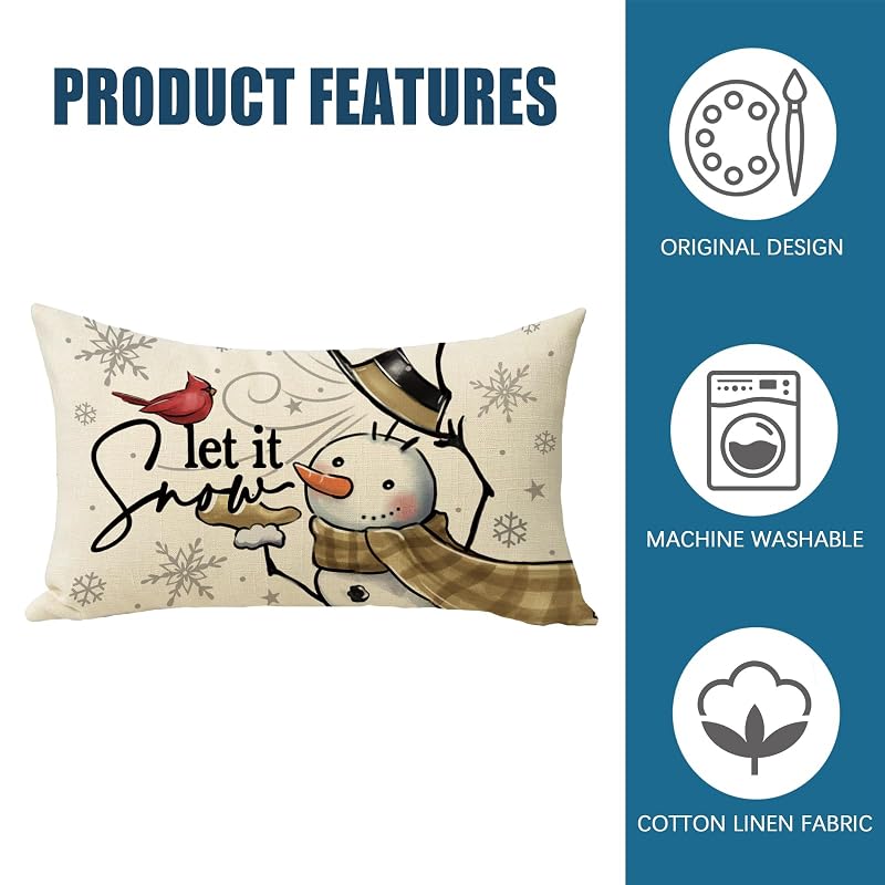 Winter Snowman Lumbar Pillow Cover 12 x 20 - Decorative Rectangle Cover (Variation: Winter Snowman 20" x 12")